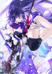 Rule 34 | 1girl, absurdres, ahoge, asymmetrical clothes, bandana, bandana around arm, bare shoulders, black gloves, black shorts, breasts, bug, butterfly, cleavage, covered navel, fingerless gloves, floating, foot out of frame, gloves, highres, holding, holding scythe, honkai: star rail, honkai (series), insect, legs up, long hair, looking at viewer, medium breasts, purple butterfly, purple eyes, purple scarf, purple sleeves, red bandana, scarf, scythe, seele (honkai: star rail), shorts, sidelocks, single fingerless glove, solo, thighs, vardan