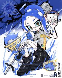 Rule 34 | 1girl, bandaged wrist, bandages, black footwear, blue eyes, blue hair, closed mouth, commentary, dame ot, e-liter 4k (splatoon), eyebrow cut, glasses, high tops, highres, li&#039;l judd (splatoon), long hair, looking at viewer, nintendo, octoling, octoling girl, octoling player character, shoes, smile, sneakers, solo, splatoon (series), splatoon 3, tentacle hair, wave breaker (splatoon)