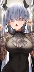 Rule 34 | 1girl, :o, absurdres, arknights, ascot, black ascot, black dress, blunt bangs, blush, breasts, chained sarkaz girl, covered navel, cuffs, demon girl, demon horns, dress, eyes visible through hair, fangs, grey hair, hair over eyes, hands up, highres, horn/wood, horns, large breasts, long hair, open mouth, pointy ears, red eyes, shackles, solo, twintails, upper body, very long hair