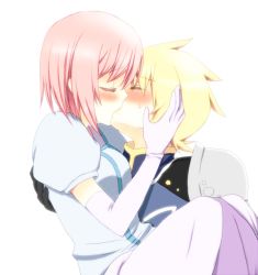 00s 1boy 1girl armor blonde_hair blush dress elbow_gloves estellise_sidos_heurassein closed_eyes flynn_scifo gloves hetero kiss momoko_(always_alright!) official_alternate_costume pink_hair short_hair tales_of_(series) tales_of_vesperia