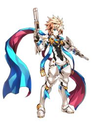 Rule 34 | 1boy, aqua eyes, armor, blackjd83, blonde hair, chung seiker, deadly chaser (elsword), dual wielding, elsword, full armor, full body, gauntlets, gloves, greaves, gun, holding, male focus, official art, ress, scarf, solo, spiked hair, weapon, white background
