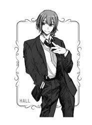 Rule 34 | 1boy, adjusting clothes, adjusting necktie, alternate costume, character name, formal, greyscale, hall (senjuushi), hand in pocket, hatching (texture), kinoshita sakura, linear hatching, looking to the side, loose necktie, male focus, mixed media, monochrome, necktie, senjuushi: the thousand noble musketeers, senjuushi (series), smile, solo, suit