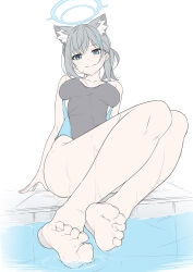 Rule 34 | 1girl, animal ear fluff, animal ears, arm support, bare shoulders, barefoot, blue archive, blue eyes, closed mouth, competition swimsuit, feet, foot focus, grey hair, halo, highleg, highleg swimsuit, highres, legs, looking at viewer, masabodo, medium hair, one-piece swimsuit, shiroko (blue archive), shiroko (swimsuit) (blue archive), soles, swimsuit, thighs, toenails, toes, water, wet