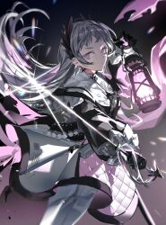 Rule 34 | absurdres, ammunition belt, arknights, capelet, commentary request, fire, grey eyes, grey hair, head wings, highres, holding, holding lantern, irene (arknights), lantern, long hair, long sleeves, narugrm, pantyhose, pink fire, puffy long sleeves, puffy sleeves, rapier, scar, scar across eye, scar on face, skirt, solo, sword, weapon, white capelet, white pantyhose, white skirt, wings