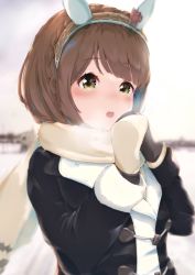 Rule 34 | 1girl, absurdres, blurry, blurry background, blush, brown hair, commentary request, emr bc, green eyes, heavy breathing, highres, horse girl, looking at viewer, medium hair, mittens, portrait, scarf, snow, solo, umamusume, winter, winter clothes, yukino bijin (umamusume)