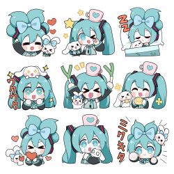 Rule 34 | &gt; &lt;, 1girl, :3, = =, aqua eyes, aqua hair, aqua necktie, arm up, arms up, blanket, blowing kiss, blue bow, blush stickers, bow, chibi, cinnamiku, cinnamon roll, cinnamoroll, cosplay, creature on head, cropped torso, crumbs, crying, cup, double bun, ear bow, eating, food, food on face, grey shirt, hair bow, hair bun, hands up, happy, hatsune miku, hatsune miku (cosplay), headphones, heart, heart print, highres, holding, holding food, holding heart, holding spring onion, holding vegetable, incoming attack, incoming punch, looking at viewer, lying, matching outfits, mug, multiple views, necktie, object on head, on back, on bed, one eye closed, pillow, print mug, puckered lips, punching, sanrio, shirt, simple background, sleeping, sparkling eyes, spring onion, spring onion print, star (symbol), streaming tears, symmetrical pose, tears, tie clip, tied ears, twintails, under covers, updo, vegetable, vocaloid, white background, yuemoe, zzz