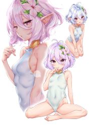 Rule 34 | 1girl, antenna hair, bare shoulders, barefoot, blush, breasts, collarbone, covered navel, elf, feet, flower, hair between eyes, hair flower, hair ornament, hand to own mouth, highleg, highleg swimsuit, kokkoro (princess connect!), legs, looking at viewer, multiple views, mushi024, navel, one-piece swimsuit, open mouth, pink eyes, pointy ears, princess connect!, seiza, silver hair, simple background, sitting, small breasts, smile, swimsuit, thighs, white background, white flower, white one-piece swimsuit