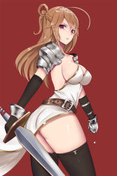 Rule 34 | 1girl, ahoge, armor, bad id, bad pixiv id, belt, black gloves, black thighhighs, breasts, brown hair, cleavage, collarbone, cowboy shot, dress, elbow gloves, from side, gloves, gongba laoge, half updo, highres, holding, holding sword, holding weapon, knight, long hair, looking at viewer, looking to the side, medium breasts, original, parted lips, pauldrons, purple eyes, red background, scowl, shoulder armor, sideboob, solo, strapless, strapless dress, sword, thighhighs, tube dress, weapon, white dress