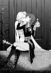 Rule 34 | 2girls, anna (frozen), grabbing another&#039;s breast, closed eyes, elsa (frozen), frozen (disney), fujimaru (kinakomucch), grabbing, greyscale, groping, hand in another&#039;s hair, highres, holding, incest, kiss, monochrome, multiple girls, siblings, sisters, sitting, yuri