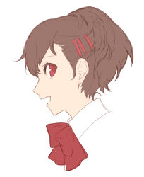 Rule 34 | 1girl, :d, absurdres, bow, bowtie, brown hair, hair ornament, hairclip, highres, looking at viewer, looking to the side, open mouth, persona, persona 3, portrait, red bow, red bowtie, red eyes, shiomi kotone, short hair, simple background, sketch, smile, solo, tsubsa syaoin, white background