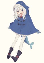 Rule 34 | 1girl, absurdres, adapted costume, animal hood, blue coat, blue eyes, blue mittens, blurry, boots, coat, collared shirt, cross-laced footwear, crossed arms, depth of field, fins, fish tail, full body, gawr gura, grey eyes, hair ornament, highres, hinakano h, hololive, hololive english, hood, hood up, looking at viewer, messy hair, mittens, multicolored hair, neck ribbon, open mouth, pantyhose, poncho, red ribbon, ribbon, shark hair ornament, shark hood, shark tail, sharp teeth, shirt, sidelocks, solo, streaked hair, tail, teeth, tsurime, two side up, virtual youtuber, white hair, white pantyhose