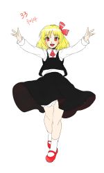Rule 34 | 1girl, absurdres, ascot, black skirt, black vest, blonde hair, bloomers, blush, collared shirt, commentary request, derivative work, full body, happy, highres, korean commentary, kuya (hey36253625), long sleeves, looking at viewer, mary janes, medium hair, open mouth, outstretched arms, red ascot, red eyes, red footwear, rumia, shirt, shoes, simple background, skirt, skirt set, socks, touhou, translation request, underwear, vest, white background, white bloomers, white shirt, white socks
