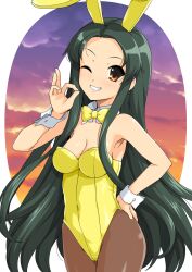 Rule 34 | 1girl, animal ears, arm up, bad link, bare shoulders, breasts, brown eyes, brown pantyhose, cleavage, commentary request, countdown, dark green hair, grin, hand on own hip, haruhisky, highres, leotard, long hair, official alternate costume, ok sign, one eye closed, pantyhose, playboy bunny, rabbit ears, small breasts, smile, solo, suzumiya haruhi no yuuutsu, tsuruya, upper body, very long hair, wrist cuffs, yellow leotard