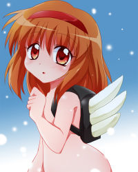 Rule 34 | backpack, bag, blue background, blush, embarrassed, flat chest, kanon, nude, open mouth, snow, tsukimiya ayu, wings