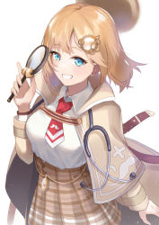 Rule 34 | 1girl, blue eyes, breasts, floating hair, hat, highres, holding, holding magnifying glass, hololive, hololive english, ina (inadiary), large breasts, looking at viewer, magnifying glass, necktie, short necktie, smile, solo, virtual youtuber, watson amelia, watson amelia (1st costume), white background