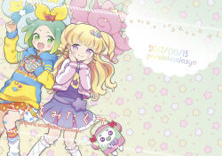 Rule 34 | 2girls, :d, bandaid, bandaid on leg, blonde hair, blue hoodie, blush, bow, chuppe, closed mouth, cover, cover page, cropped jacket, fang, feet out of frame, gradient hair, green eyes, green hair, hair bow, hands up, hood, hood down, hoodie, idol time pripara, jacket, jewelry, kneehighs, long hair, long sleeves, looking at viewer, lying, multicolored hair, multiple girls, necklace, nijiiro nino, on back, open mouth, orange skirt, pillow, pink jacket, pretty series, pripara, punicorn, purple eyes, purple shirt, purple skirt, rice cooker, ringlets, shirt, short hair, skirt, smile, socks, star (symbol), star necklace, starry background, swept bangs, takki (pripara), terayamaden, two side up, yellow bow, yumekawa yui