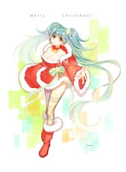 Rule 34 | 1girl, aqua hair, bad id, bad pixiv id, boots, breasts, christmas, cleavage, fur-trimmed boots, fur trim, green eyes, hatsune miku, long hair, merry christmas, red footwear, santa boots, santa costume, solo, striped clothes, striped thighhighs, thighhighs, tobbang, twintails, very long hair, vocaloid