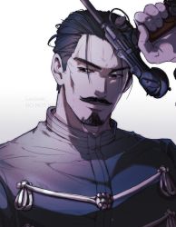 Rule 34 | black eyes, black hair, borchardt c-93, commentary, facial hair, goatee, golden kamuy, hair slicked back, handgun, highres, imperial japanese army, jacket, laulaubi, long sleeves, looking at viewer, male focus, military, military uniform, mustache, short hair, smile, solo, tsurumi tokushirou, uniform, weapon, white background