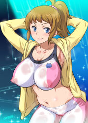 Rule 34 | 10s, 1girl, armpits, arms behind head, artist name, bike shorts, blue eyes, breasts, brown hair, covered erect nipples, gundam, gundam build fighters, gundam build fighters try, hoshino fumina, impossible clothes, joy ride, large breasts, looking at viewer, navel, see-through, short hair, smile, solo, sweat