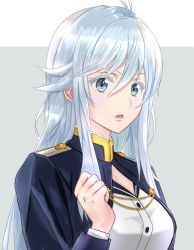 Rule 34 | 1girl, 86 -eightysix-, ahoge, blue eyes, breasts, clenched hand, commentary request, gradient background, grey background, hair between eyes, hinata2325, jacket, long hair, military, military jacket, military uniform, open mouth, portrait, shirt, sidelocks, solo, straight hair, uniform, upper body, vladilena millize, white background, white hair, white shirt