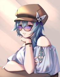 Rule 34 | 1girl, absurdres, bare shoulders, blouse, blue hair, breasts, cabbie hat, casual, eula (genshin impact), genshin impact, glasses, hat, highres, large breasts, long sleeves, looking at viewer, looking over eyewear, looking over glasses, lyrie luna, purple-tinted eyewear, purple-tinted glasses, shirt, solo, sunglasses, tinted eyewear, upper body, wristband