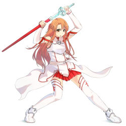 Rule 34 | 10s, 1girl, absurdres, armor, asuna (sao), breastplate, contrapposto, highres, loco 65 o1o1, orange hair, red eyes, sheath, simple background, skirt, solo, standing, sword, sword art online, thighhighs, unsheathing, weapon, white armor, zettai ryouiki
