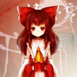 Rule 34 | 1girl, amano jack, ascot, bad id, bad pixiv id, bow, brown hair, detached sleeves, dress, hair bow, hair tubes, hakurei reimu, highres, long hair, looking at viewer, red dress, red eyes, smile, solo, touhou