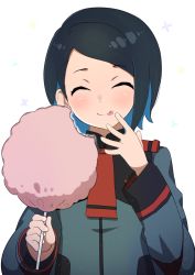 Rule 34 | 1girl, :p, asticassia school uniform, blue hair, closed eyes, commentary request, cotton candy, dark blue hair, food, gundam, gundam suisei no majo, highres, holding, holding food, long sleeves, nika nanaura, school uniform, short hair, simple background, smile, solo, tongue, tongue out, upper body, white background, yashiro ryo
