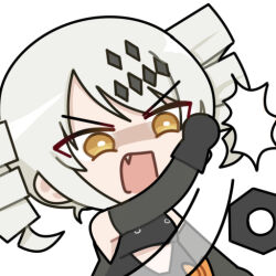 1girl bare_shoulders black_gloves bright_pupils chibi chibi_only chinese_commentary commentary_request drill_hair euyueuy gears gloves karenina:_ember_(pgr) karenina_(pgr) official_art open_mouth punishing:_gray_raven short_hair simple_background slapping solo twin_drills upper_body v-shaped_eyebrows white_background white_hair white_pupils yellow_eyes