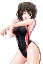 Rule 34 | 1girl, black hair, black one-piece swimsuit, brown eyes, competition swimsuit, contrapposto, covered navel, fuuma nagi, highleg, highleg swimsuit, highres, kantai collection, looking at viewer, one-piece swimsuit, one eye closed, open mouth, sendai (kancolle), shadow, simple background, smile, solo, standing, stretching, swimsuit, two side up, white background