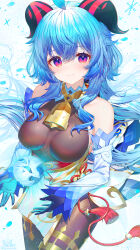 Rule 34 | 1girl, ahoge, bare shoulders, bell, black leotard, blue hair, breasts, brown pantyhose, closed mouth, cowbell, cowboy shot, curled horns, detached sleeves, ganyu (genshin impact), genshin impact, goat horns, gold trim, highres, horns, impossible clothes, impossible leotard, kiramarukou, leotard, leotard under clothes, long hair, looking at viewer, medium breasts, neck bell, orb, pantyhose, purple eyes, qilin (mythology), red horns, sidelocks, smile, solo, standing, thighlet, vision (genshin impact), white sleeves