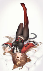 Rule 34 | 1girl, absurdres, ahoge, animal ear fluff, animal ears, arknights, black pantyhose, breasts, brown eyes, brown hair, cat ears, cat tail, commentary request, feet, gradient legwear, highres, jacket, leg up, long hair, looking at viewer, lying, midriff peek, navel, necktie, no pants, no shoes, on back, pantyhose, red jacket, red pantyhose, shirt, simple background, skyfire (arknights), solo, tail, taku57, taut clothes, thighband pantyhose, upside-down, vertical-striped clothes, vertical-striped necktie, white background, wing collar, yellow eyes
