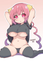 Rule 34 | 1girl, arms behind head, black panties, black thighhighs, blunt bangs, blush, breasts, commentary request, covered erect nipples, dated, dragon girl, dragon horns, full body, gradient hair, horns, ilulu (maidragon), kei jiei, kobayashi-san chi no maidragon, large breasts, long hair, looking at viewer, multicolored hair, navel, open mouth, outline, panties, pink hair, purple hair, red eyes, solo, thighhighs, underboob, underwear, white outline, yellow horns