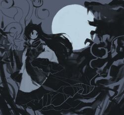 Rule 34 | 1girl, animal ears, closed mouth, commentary request, dress, expressionless, frilled dress, frilled sleeves, frills, full moon, greyscale, highres, imaizumi kagerou, kaigen 1025, long dress, long hair, long sleeves, monochrome, moon, neck ribbon, no nose, ribbon, sketch, sleeves past fingers, sleeves past wrists, solo, touhou, wolf ears, wolf girl