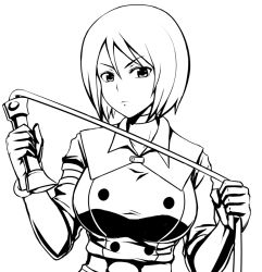 Rule 34 | 1girl, angry, breasts, choker, female focus, gloves, greyscale, hair between eyes, looking at viewer, military, military uniform, monochrome, okyou, short hair, simple background, solo, the king of fighters, uniform, whip, whip (kof), white background