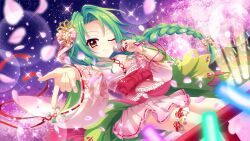 Rule 34 | 1girl, audience, braid, breasts, bridal garter, cherry blossoms, cherry tree, closed mouth, concert, dot nose, dutch angle, falling petals, film grain, floral print, floral print kimono, forehead, game cg, glowstick, green hair, hair ornament, hand up, holding, holding microphone, izumi tsubasu, japanese clothes, kimono, lens flare, lolita fashion, long braid, looking at viewer, medium breasts, microphone, night, night sky, non-web source, obi, official art, one eye closed, outdoors, outstretched arm, petals, pink kimono, pink petals, pink skirt, print kimono, railing, re:stage!, sash, shirokita kuroha, single braid, skirt, sky, smile, solo, sparkle, stage lights, wa lolita, yellow eyes