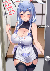 Rule 34 | 1girl, animal ear fluff, animal ears, apron, blue hair, blush, braid, breasts, carrot, cleavage, cleavage cutout, clothing cutout, darkmaya, door, doormat, closed eyes, garter straps, hair ornament, hololive, ladle, large breasts, long hair, looking at viewer, mature female, mature female, multicolored hair, open mouth, pekomama, rabbit ears, rabbit girl, slippers, smile, sweat, thighhighs, turtleneck, virtual youtuber