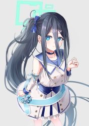 Rule 34 | 1girl, absurdly long hair, absurdres, aris (blue archive), black hair, blue archive, blue eyes, blue sailor collar, bow, bright pupils, choker, detached sleeves, hair between eyes, hair bow, halo, highres, idol, long hair, long hair between eyes, looking at viewer, mischievous straight uniform (blue archive), pleated skirt, ribbon, sailor collar, skirt, smile, solo, tont27, very long hair, white background, white pupils