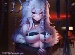 Rule 34 | 1girl, animal ears, ball gag, bandeau, black jacket, bondage gear, breasts, bustier, chain, chair, cleavage, crop top, ear piercing, fangs, fur-trimmed jacket, fur trim, gag, greatodoggo, grey eyes, grey hair, hair between eyes, halterneck, highres, hololive, indoors, jacket, jewelry, large breasts, lion ears, lion girl, long hair, long sleeves, looking at viewer, nail polish, necklace, off shoulder, open clothes, open jacket, piercing, red nails, see-through, see-through cleavage, shirt, shishiro botan, shishiro botan (1st costume), sleeveless, sleeveless shirt, smile, solo, twitter username, two side up, upper body, virtual youtuber, wiffle gag