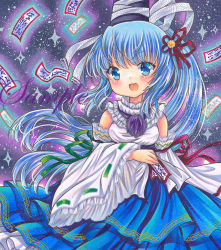 Rule 34 | 1girl, :d, bare shoulders, blue eyes, blue hair, blue skirt, blush, cowboy shot, detached sleeves, frilled ribbon, frilled shirt collar, frilled sleeves, frills, green ribbon, hat, hat ribbon, head tilt, holding, layered skirt, long hair, long skirt, looking at viewer, marker (medium), mononobe no futo, ofuda, open mouth, purple background, red ribbon, ribbon, ribbon-trimmed sleeves, ribbon trim, rui (sugar3), sample watermark, shirt, skirt, sleeveless, sleeveless shirt, smile, solo, tattoo, teeth, touhou, traditional media, upper teeth only, very long hair, watermark, white ribbon, white shirt, wide sleeves