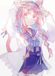 Rule 34 | 1girl, ahoge, animal ears, blue bow, blue hair, blue sailor collar, blue skirt, blunt bangs, bow, braid, cat ears, cat girl, cat tail, collar, cowboy shot, eyewear on head, frilled collar, frills, hairband, hands up, heart, heart-shaped eyewear, hololive, kino-cands, long hair, long sleeves, looking to the side, minato aqua, minato aqua (sailor), multicolored hair, pantyhose, parted lips, pink eyes, pink hair, pleated skirt, ribbon, sailor collar, sidelocks, skirt, solo, standing, tail, tail ornament, tail ribbon, twin braids, two-tone hair, virtual youtuber, white background, white pantyhose