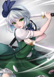 Rule 34 | 1girl, black hairband, black ribbon, bon (bonbon315), commentary request, green eyes, green skirt, green vest, hair ribbon, hairband, highres, holding, holding weapon, katana, konpaku youmu, looking at viewer, parted lips, puffy short sleeves, puffy sleeves, ribbon, short hair, short sleeves, skirt, solo, sword, touhou, vest, weapon, white hair