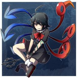 Rule 34 | 1girl, ahoge, asymmetrical wings, black dress, black footwear, black hair, blue wings, bright pupils, commentary, dress, full body, grin, highres, houjuu nue, hurin raika, indian style, looking at viewer, polearm, red eyes, red wings, short hair, sitting, smile, snake armband, solo, touhou, trident, weapon, white pupils, wings, wristband