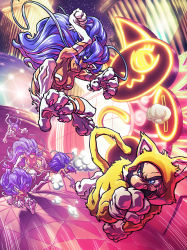 Rule 34 | 1boy, 5girls, angry, animal ears, blue eyes, blue hair, breasts, building, cat, cat ears, cat girl, catsuit, clash, claws, cleavage, facial hair, felicia (vampire), furry, furry female, gloves, highres, jumping, mario, mario (series), multiple girls, mustache, neon lights, night, night sky, nintendo, running, sky, smug, super mario 3d world, vampire (game), vs
