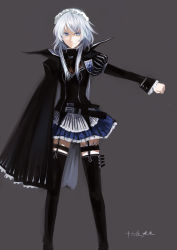 Rule 34 | 1girl, absurdres, alternate costume, alternate hairstyle, belt, blue eyes, cape, coat, female focus, highres, izayoi sakuya, knife, maid headdress, outstretched arm, popped collar, samanta, short hair, signature, silver hair, simple background, solo, standing, thighhighs, throwing knife, touhou, weapon, zettai ryouiki