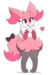Rule 34 | 1girl, absurdres, alternate color, alternate shiny pokemon, animal ear fluff, animal ears, animal feet, animal hands, animal nose, arm warmers, black bow, black fur, blush, blush stickers, body fur, bow, braixen, creatures (company), female focus, flat chest, flying sweatdrops, fox ears, fox girl, fox tail, furry, furry female, game freak, gen 6 pokemon, hands on own chest, hands up, happy, highres, jammynya, nintendo, open mouth, own hands together, pigeon-toed, pink eyes, pink fur, pokemon, pokemon (creature), simple background, smile, snout, solo, tail, tail bow, tail ornament, white background, white fur