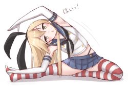 Rule 34 | 1girl, black hairband, black neckerchief, black panties, blonde hair, blue sailor collar, blue skirt, commentary, crop top, elbow gloves, exercising, gloves, grey eyes, hairband, highleg, highleg panties, highres, kantai collection, long hair, looking at viewer, microskirt, miniskirt, neckerchief, panties, pleated skirt, sailor collar, shimakaze (kancolle), shirt, skirt, sleeveless, sleeveless shirt, solo, stretching, striped clothes, striped thighhighs, symbol-only commentary, thighhighs, tiemu (man190), underwear, white gloves