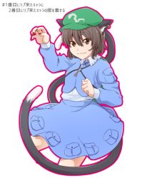 Rule 34 | 1girl, animal ears, brown eyes, brown hair, cat ears, cat tail, chen, cosplay, ear piercing, hat, kawashiro nitori, kawashiro nitori (cosplay), key, monoelegy, multiple tails, nail polish, paw pose, piercing, red nails, simple background, solo, tail, touhou