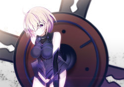 Rule 34 | 1girl, ahoge, armor, bare shoulders, black gloves, blush, bodysuit, breasts, closed mouth, cowboy shot, elbow gloves, fate/grand order, fate (series), gloves, hair over one eye, large breasts, looking at viewer, machimura komori, mash kyrielight, pink hair, purple eyes, shield, short hair, sleeveless, smile, solo, thighs