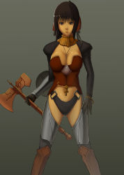 Rule 34 | 1girl, armor, axe, breasts, brown eyes, brown hair, cleavage, deep dungeon, jewelry, midriff, necklace, short hair, solo, warrior, weapon